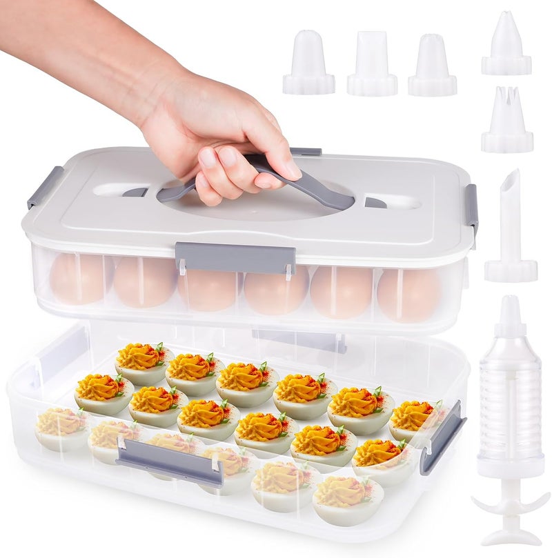 FACULX 2-Layer Deviled Egg Containers with Lid, 36 Slots Deviled Egg Tray Carrier with Handle and Deviled Egg Injector Piping Tool, Portable Egg Storage Carrier Tray Platter for Party Picnic Travel (white) - Image 1